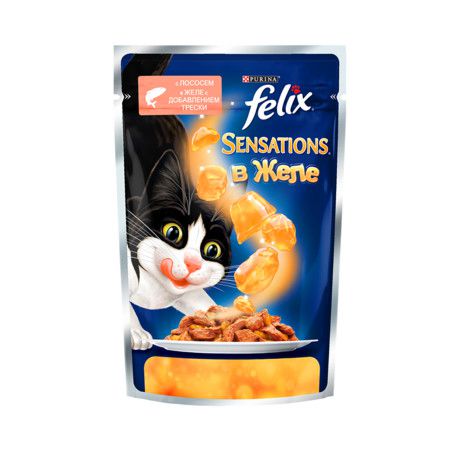 Felix Паучи Felix Sensations для взрослых кошек с лососем и треской в желе - 85 г