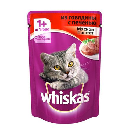 Whiskas Whiskas паучи в форме паштета с говядиной и печенью для взрослых кошек от 1 года - 85 г