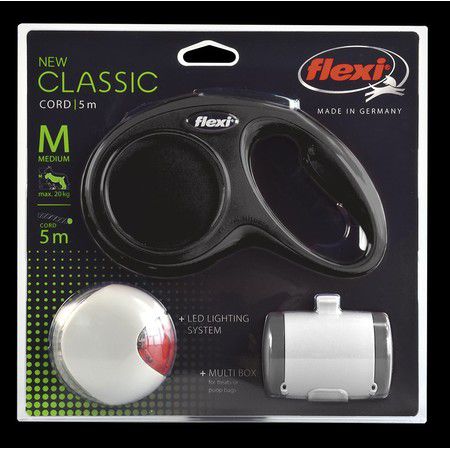FLEXI Flexi набор (рулетка NEW Classic М (до 20 кг) трос 5 м + LED фонарик + Multi-box) черный