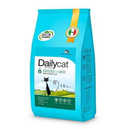 Dailycat Сухой корм Dailycat Adult Hairball Chicken and Rice для взрослых кошек для вывода шерсти из желудка с курицей и рисом - 1.5 кг