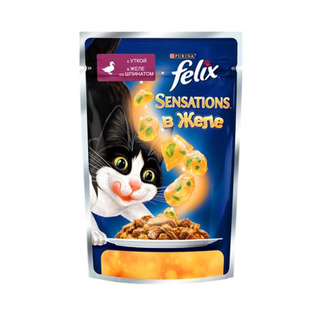 Felix Паучи Felix Sensations для взрослых кошек с уткой и шпинатом в желе - 85 г
