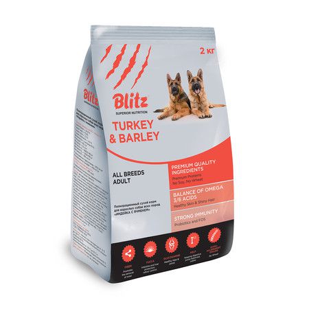 BLITZ Сухой корм Blitz Adult Turkey & Barley для взрослых собак с индейкой и ячменем - 2 кг