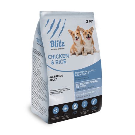 BLITZ Сухой корм Blitz Adult Chicken & Rice для взрослых собак с курицей и рисом - 2 кг