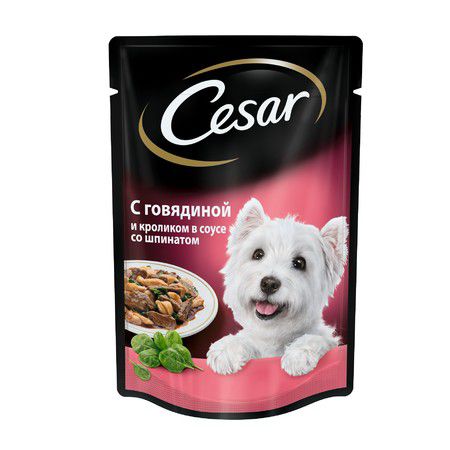 Cesar Cesar корм паучи из говядины с кроликом в соусе со шпинатом для взрослых собак - 100 г