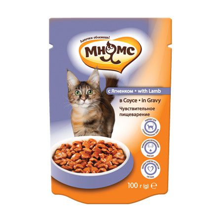 Мнямс Мнямс паучи Чувствительное пищеварение с ягненком в соусе для взрослых кошек - 100 г х 24 шт
