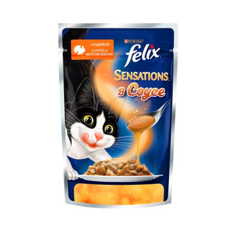 Felix Паучи Felix Sensations для взрослых кошек с индейкой и беконом в соусе - 85 г