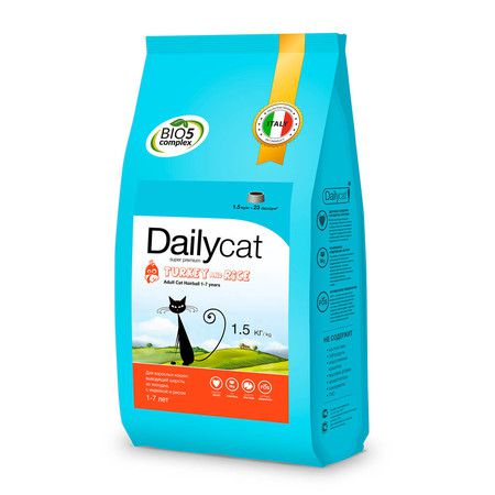 Dailycat Сухой корм Dailycat Adult Hairball Turkey and Rice для взрослых кошек для вывода шерсти из желудка с индейкой и рисом - 1.5 кг