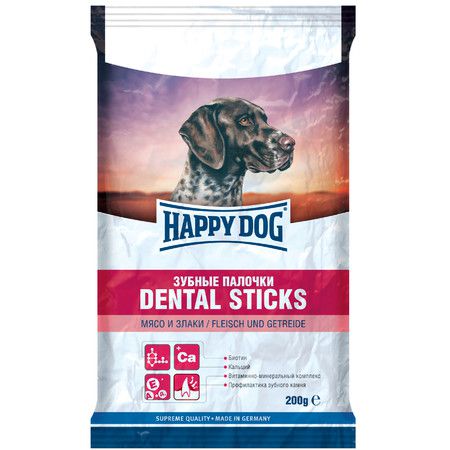 Happy Dog Лакомство Happy Dog Зубные палочки Мясо и Злаки для собак всех пород старше 5 месяцев для чистоты зубов - 200 г