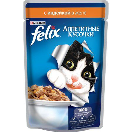 Felix Паучи Felix Аппетитные кусочки для взрослых кошек с индейкой в желе - 85 г
