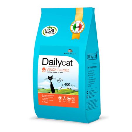 Dailycat Сухой корм Dailycat Adult Hairball Turkey and Rice для взрослых кошек для вывода шерсти из желудка с индейкой и рисом - 400 г