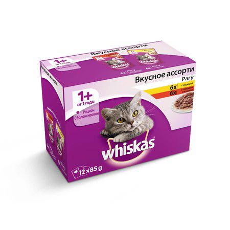 Whiskas Whiskas набор-ассорти из влажных кормов для взрослых кошек в виде нежных мясных кусочков курицы и говядины с ягненком в аппетитном рагу - 85 г х 12 шт