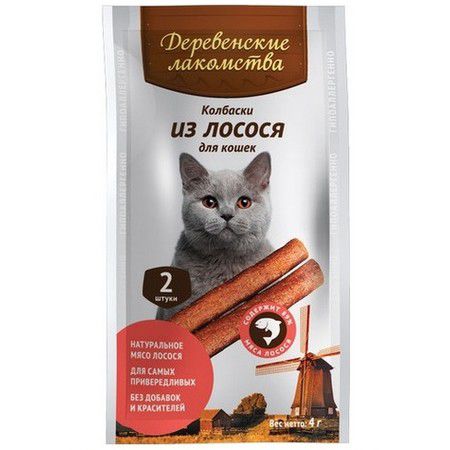 Деревенские лакомства ДЕРЕВЕНСКИЕ ЛАКОМСТВА Мясные мини колбаски из лосося для кошек 100 шт 400 г