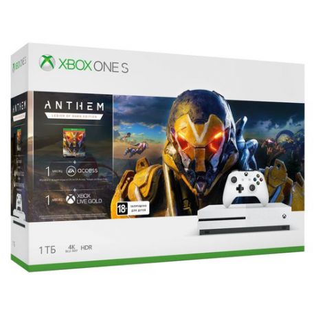 Игровая консоль MICROSOFT Xbox One S с 1ТБ памяти, игрой Anthem Legion of Down Edition (код для загрузки), белый