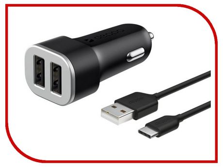 Зарядное устройство Deppa 2xUSB 2.4A + Cable USB Type-C Black DEP-11284