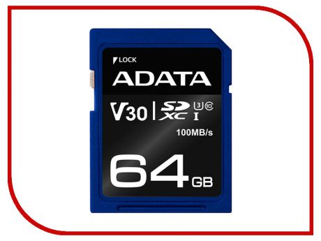 Карта памяти 64Gb - A-Data - Premier Pro Secure Digital XC V30S Class 10 UHS-I U3 ASDX64GUI3V30S-R