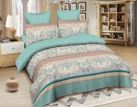 Комплект постельного белья двуспальный-евро Amore Mio, Jaipur, бирюзовый