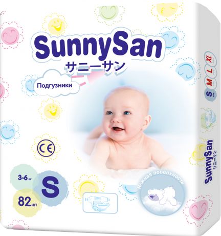 Подгузники SunnySan S (3-6 кг) 82 шт.