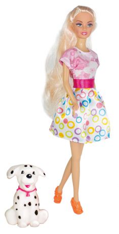 Кукла ToysLab Ася Прогулка с щенком Блондинка в розово-белом платье, 28 см, 35058