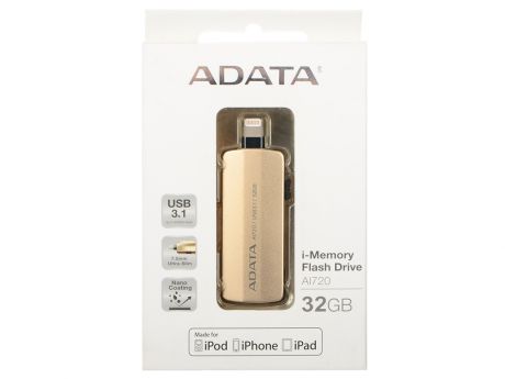 USB флешка A-Data i-Memory AI720 32GB Gold (AAI720-32G-CGD) USB 3.1, Lighning / 90 МБ/cек / 20 МБ/cек