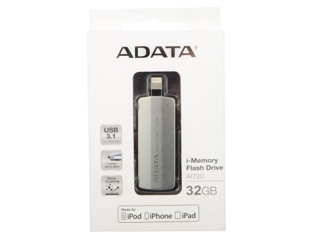 USB флешка A-Data i-Memory AI720 32GB Space Gray (AAI720-32G-CGY) USB 3.1, Lighning / 90 МБ/cек / 20 МБ/cек