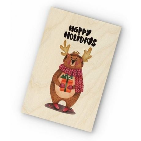 Деревянная открытка “Новогодний мишка”