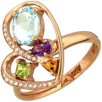 Кольцо с бриллиантами, аметистом, топазом, хризолитом, цитрином из красного золота