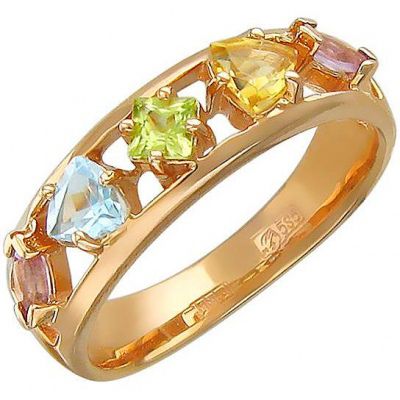 Кольцо с россыпью цветных камней из красного золота