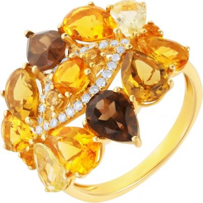Кольцо с бриллиантами, цитринами, лимонными кварцами и раухтопазами из желтого золота