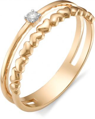 Кольцо Сердечки с бриллиантом из красного золота