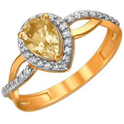 Кольцо с цитрином и фианитами из красного золота