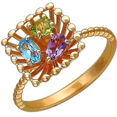 Кольцо с хризолитом, топазом и аметистом из красного золота