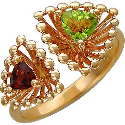 Кольцо безразмерное с гранатом, хризолитом из красного золота