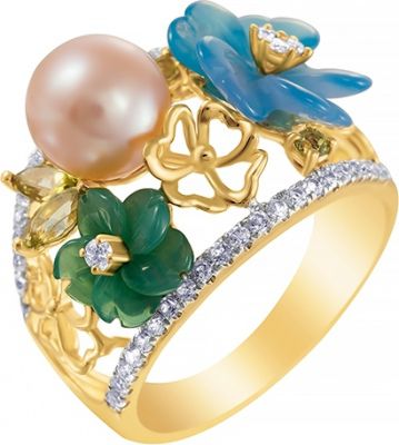 Кольцо Цветы с бриллиантами, цветными агатами, белыми и зелеными топазами, жемчугом из желтого золота