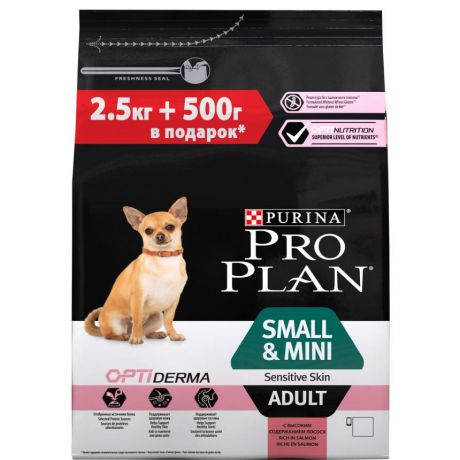 Сухой корм Purina Pro Plan для взрослых собак мелких и карликовых пород с чувствительной кожей, лосось с рисом, 3 кг, промо-упаковка 12324754