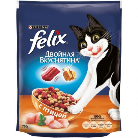 Сухой корм для кошек Purina Felix Двойная вкуснятина, птица, пакет, 750 г 12367750