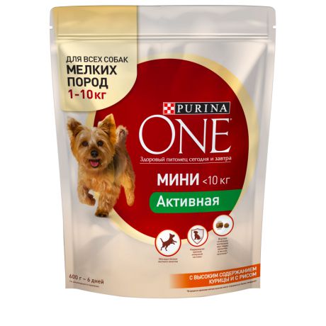 Сухой корм для собак мелких пород Purina One МИНИ Активная, с курицей и рисом, пакет, 600 г 12363240