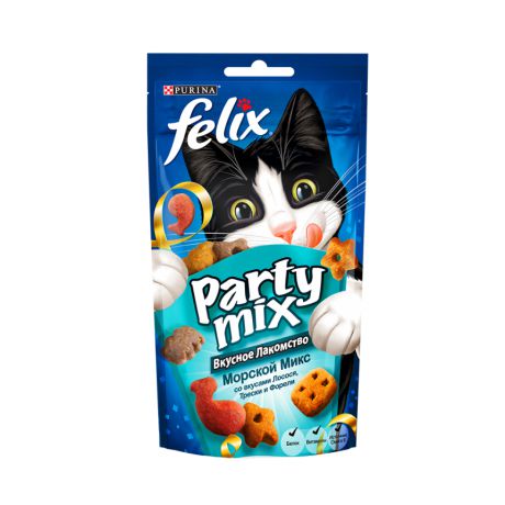 Лакомство Purina Felix Party Mix Морской микс для кошек со вкусами лосося, трески и форели, пауч, 60 г 12371086