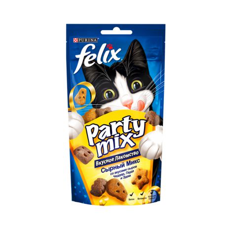 Лакомство Purina Felix Party Mix Сырный микс для кошек со вкусами сыров чедер, гауда и эдам, пауч, 60 г 12370944