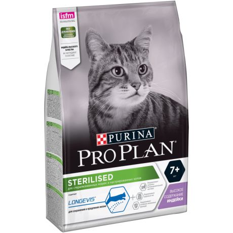 Сухой корм Purina Pro Plan для стерилизованных кошек и кастрированных котов старше 7 лет, с индейкой, пакет, 3 кг 12369003