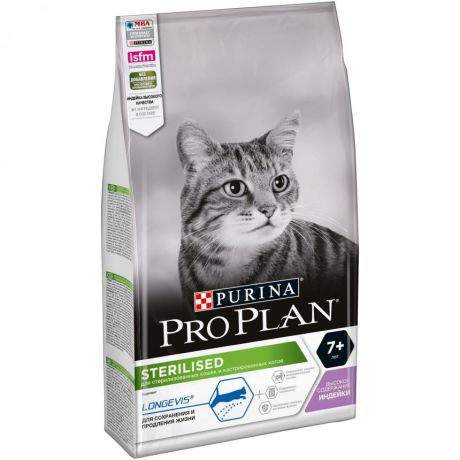 Сухой корм Purina Pro Plan для стерилизованных кошек и кастрированных котов старше 7 лет, индейка, пакет, 1,5 кг 12369004