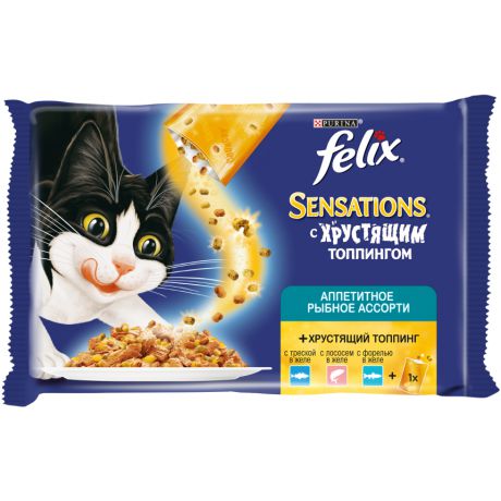 Консервы для кошек Purina Felix Sensations Аппетитное рыбное ассорти c Хрустящим топпингом, лосось, форель, треска, 267 г 12351442