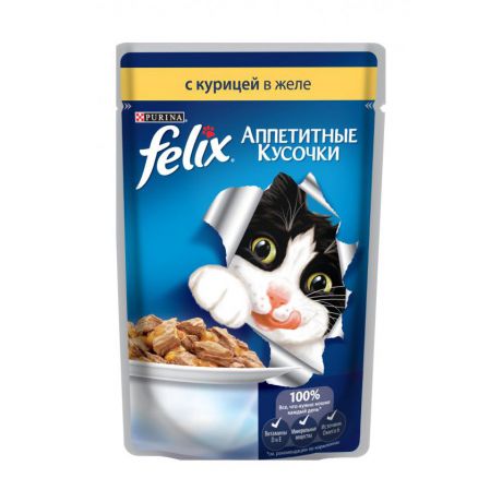 Консервы для кошек Purina Felix Аппетитные кусочки, курица, пауч, 85 г 12318960
