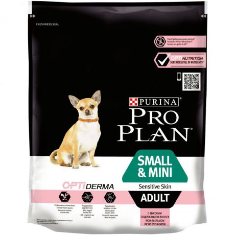 Сухой корм Purina Pro Plan для взрослых собак мелких и карликовых пород с чувствительной кожей, лосось с рисом, пакет, 700 г 12272469