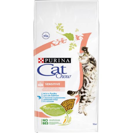 Сухой корм Purina Cat Chow Sensitive для взрослых кошек с чувствительным пищеварением, птица и лосось, пакет, 15 кг 12147057