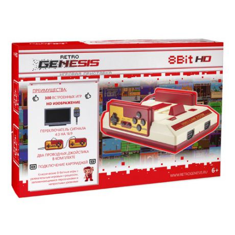 Игровая консоль DENDY Retro Genesis 300 игр, два проводных джойстика, HD Ultra, белый/красный