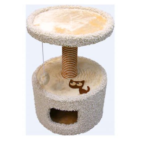 Домик для кошек Зооник 22205-1 круглый с полкой и аппликацией, мех однотонный+ковролин высоковорсный, бежевый