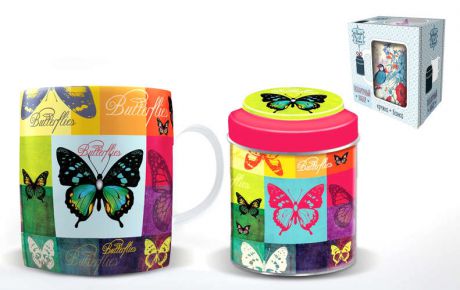 Сувенир Феникс Презент Подарочный набор Радужные бабочки кружка 300мл+баночка для чая