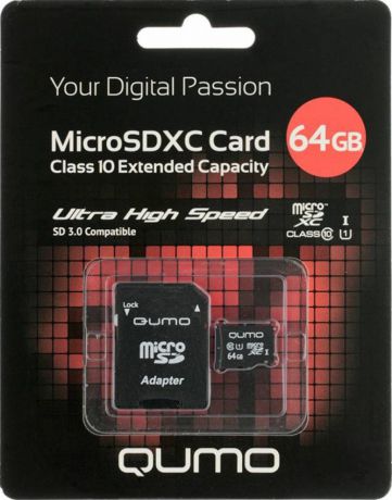 Карта памяти MicroSDXC Qumo 64Gb Class 10 с адаптером Black