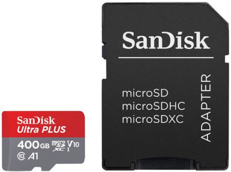Карта памяти MicroSDHC SanDisk 400Gb Class10 с адаптером UHS-I U3 SDSQUAR-400G-GN6MA grey-red