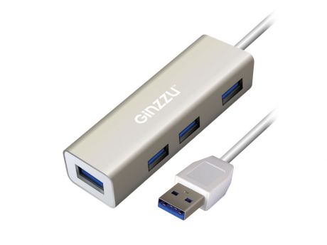 Концентратор Ginzzu GR-517UB 4-х портовый USB 3.0 индикатор питания, встроенный интерфейсный кабель - 20 см, алюминиевый корпус, серебристый